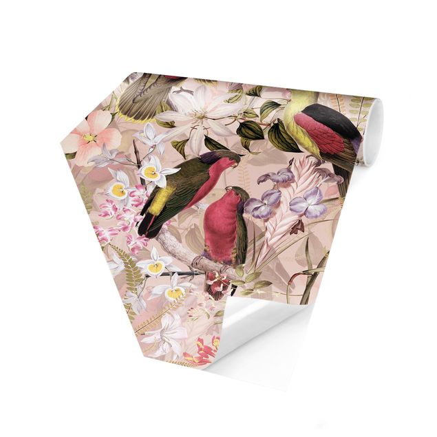 Carte da parati animali Uccelli rosa pastello con fiori