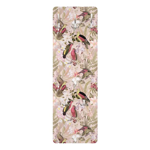 Appendiabiti pannello con disegni Uccelli rosa pastello con fiori
