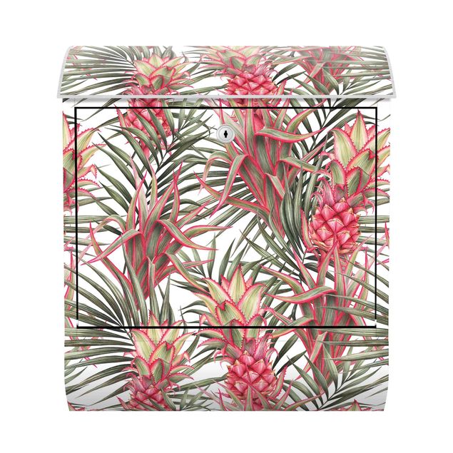Cassette della posta rosa Ananas rosso con foglie di palma tropicale