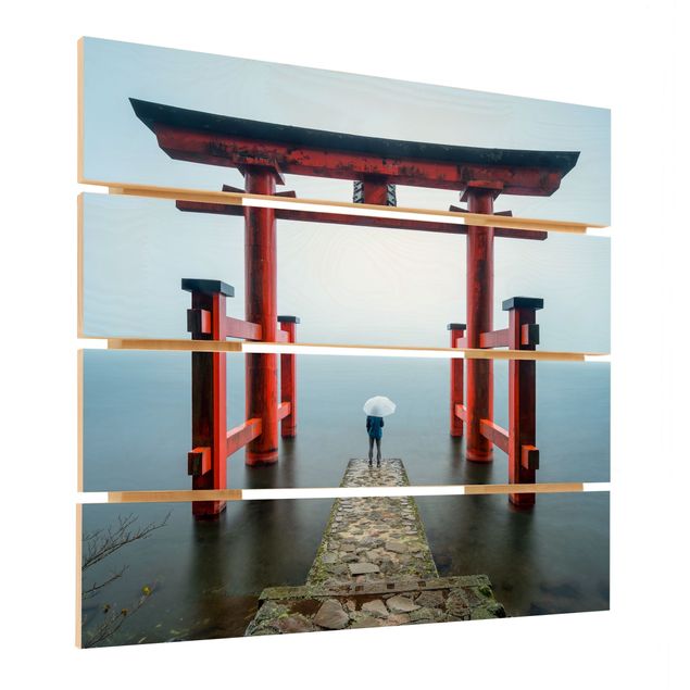 Stampa su legno - Torii rosso al lago Ashi