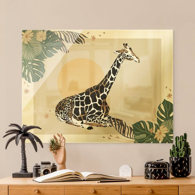 Quadri in vetro con tramonto Animali del Safari - Giraffa al tramonto