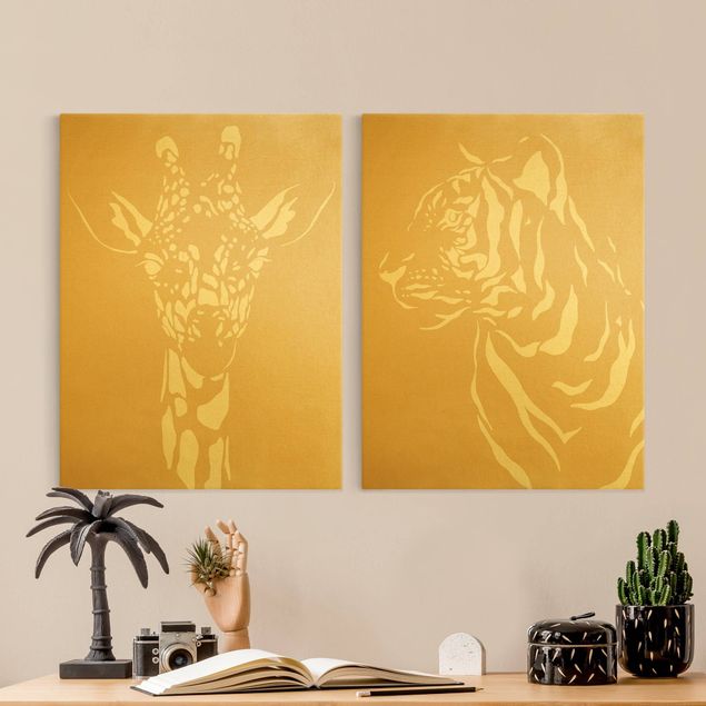 Quadro su tela componibile Animali del Safari - Giraffa e Tigre Beige