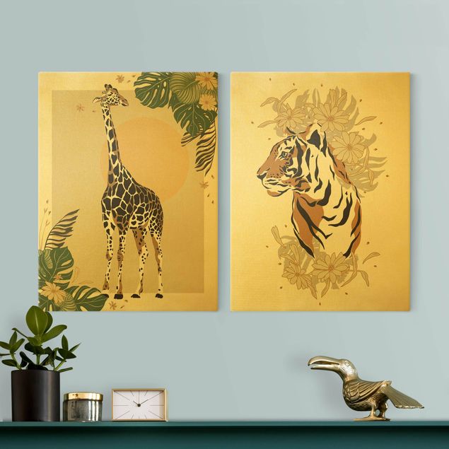 Quadro su tela componibile Animali del Safari - Giraffa e tigre