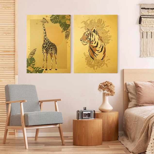 Quadro con tigre Animali del Safari - Giraffa e tigre