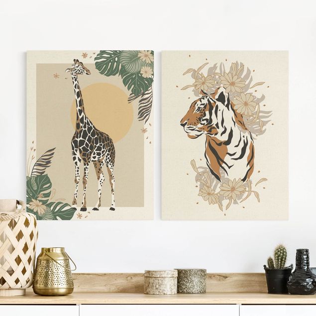 Quadri su tela con giraffe Animali del Safari - Giraffa e tigre