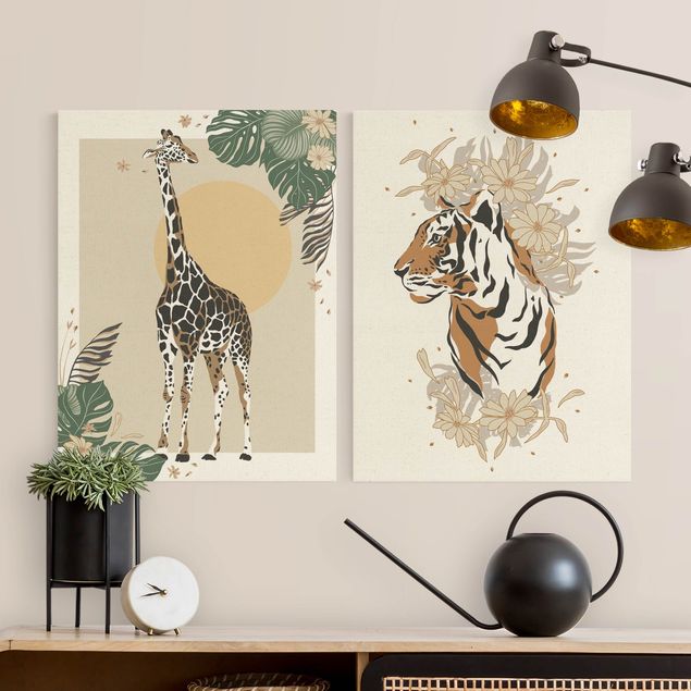 Quadro su tela componibile Animali del Safari - Giraffa e tigre