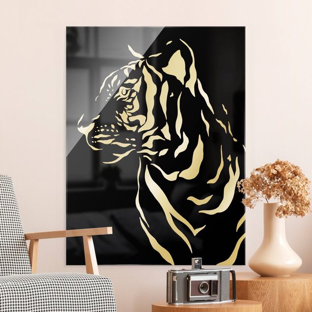Quadri in vetro in bianco e nero Animali del Safari - Ritratto di tigre nero