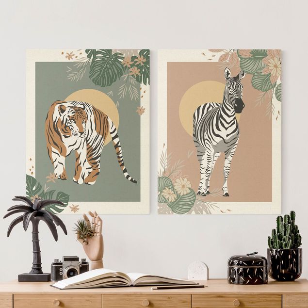 Quadri con zebre Animali del Safari - Sole dietro Zebra e Tigre