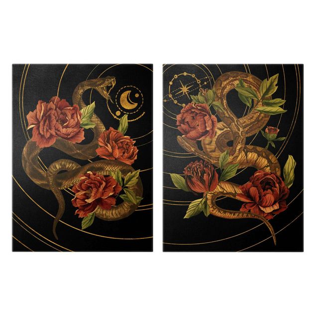 Quadri con fiori Serpente con rose Duo nero e oro