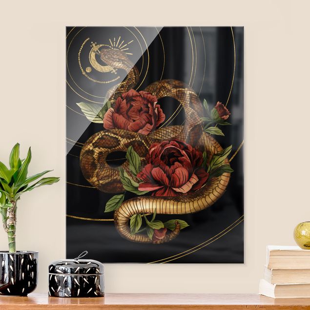 Quadri in vetro con fiori Serpente con rose nero e oro I