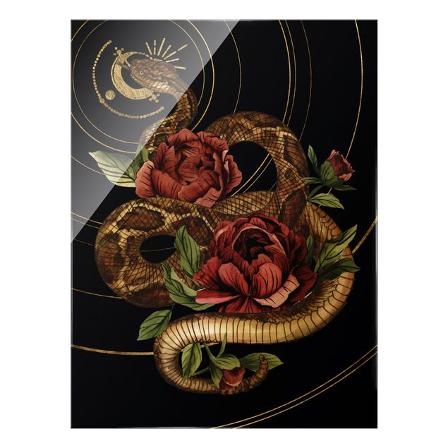Quadri sfondo nero Serpente con rose nero e oro I