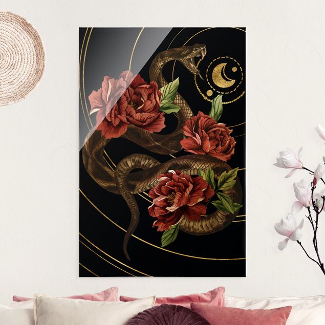 Quadri in vetro con rose Serpente con rose nero e oro II