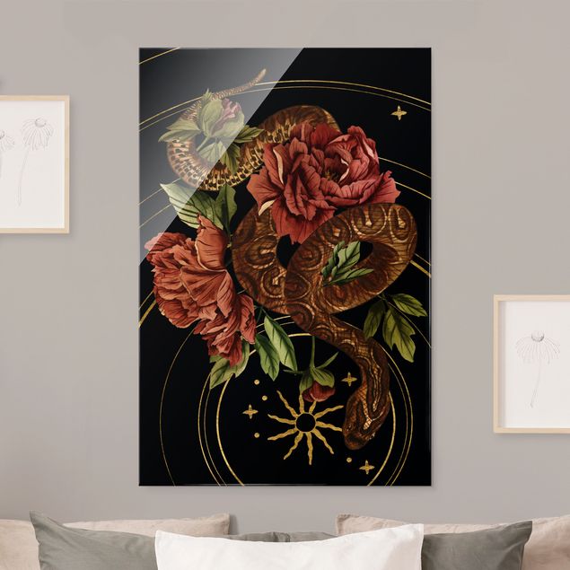 Quadri in vetro con fiori Serpente con rose nero e oro III