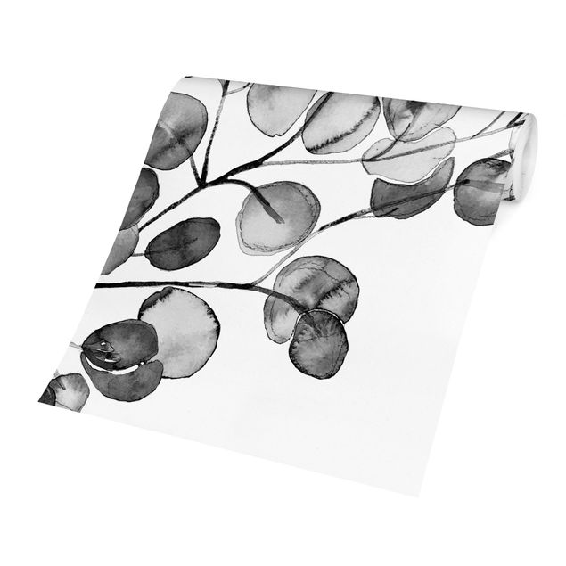 Carta da parati bianca e nera  Acquerello di ramoscelli di eucalipto in bianco e nero