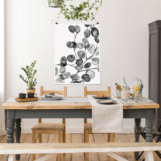 Quadri con fiori Acquerello di ramoscelli di eucalipto in bianco e nero