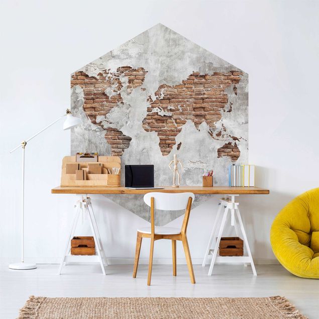 Carte da parati effetto pietra Mappa del mondo in mattoni e cemento shabby