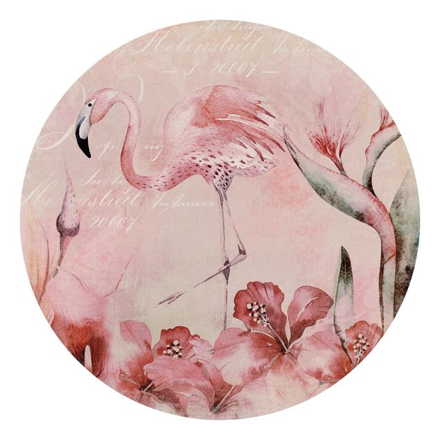 Carta da parati con uccelli e fiori Collage Shabby Chic - Fenicottero