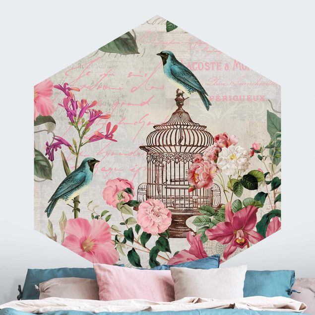 Carta da parati con uccelli e fiori Collage Shabby Chic - Fiori rosa e uccelli blu