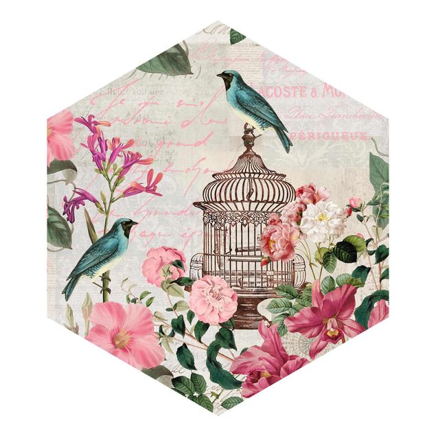 Carta parati rosa Collage Shabby Chic - Fiori rosa e uccelli blu