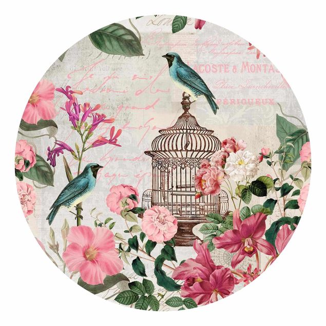 Carta da parati moderna Collage Shabby Chic - Fiori rosa e uccelli blu