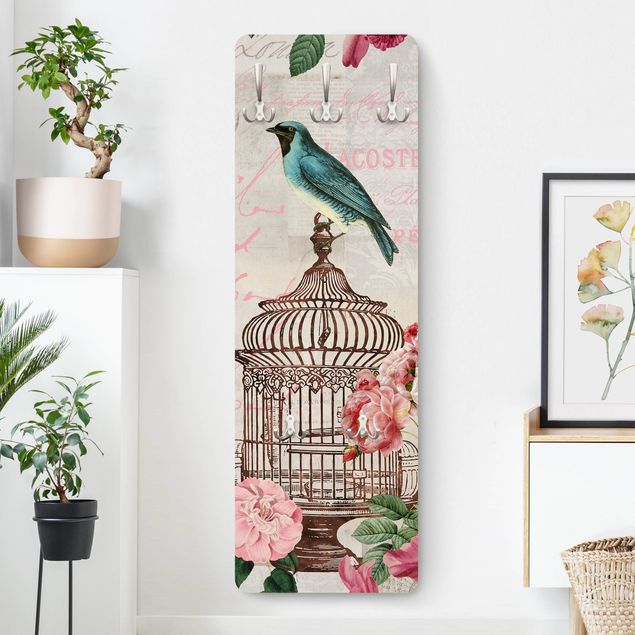 Attaccapanni vintage Collage Shabby Chic - Fiori rosa e uccelli blu