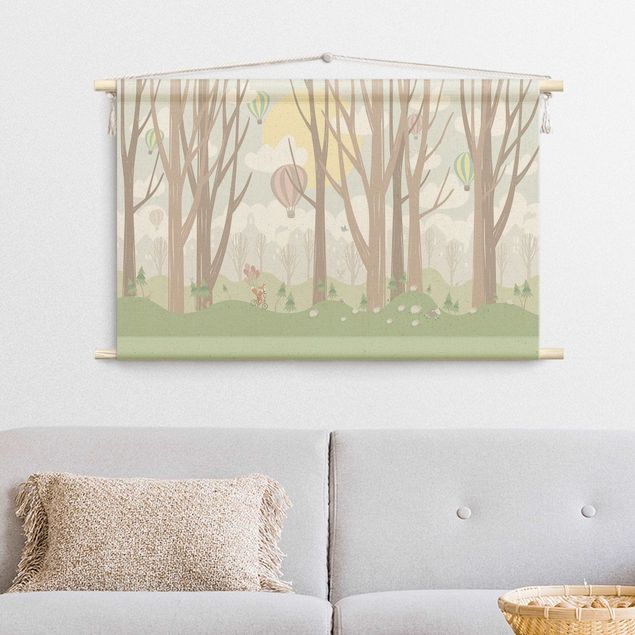 arazzo da parete moderno Sole con alberi e mongolfiere