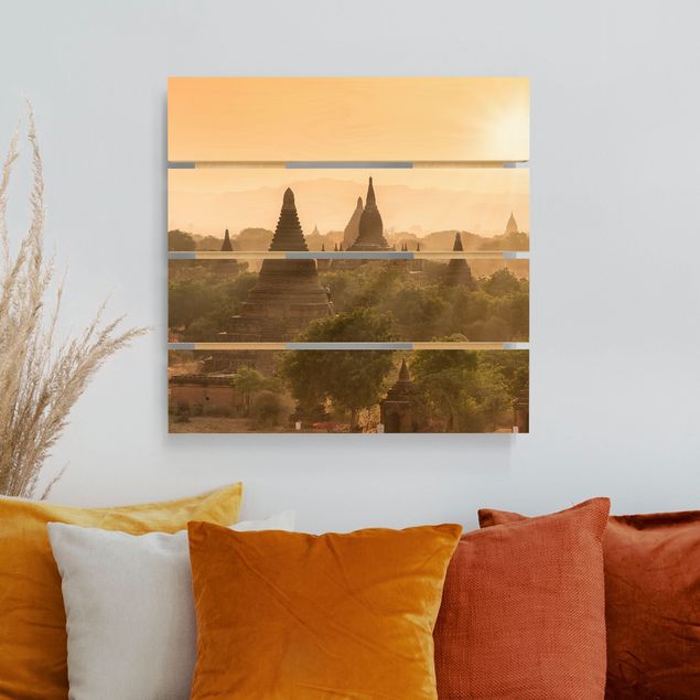 Quadri in legno con architettura e skylines Il sole che tramonta su Bagan