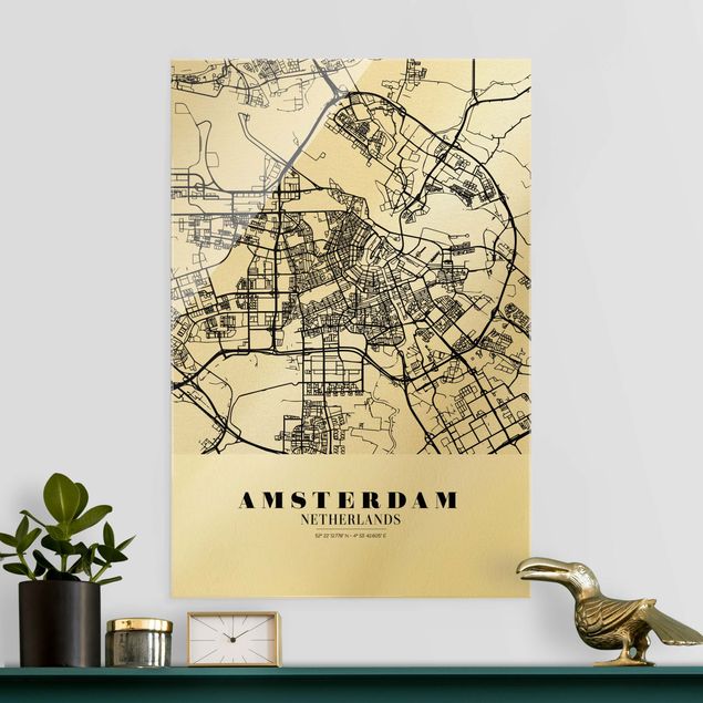Quadri in vetro architettura e skylines Mappa della città di Amsterdam - Classica
