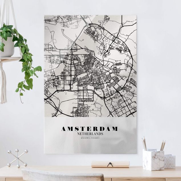 Quadri in vetro architettura e skylines Mappa della città di Amsterdam - Classica