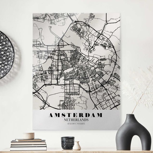 Quadri in vetro in bianco e nero Mappa della città di Amsterdam - Classica