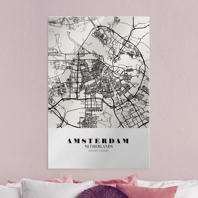Quadri in vetro in bianco e nero Mappa della città di Amsterdam - Classica