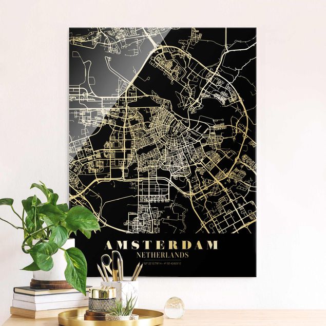 Quadri in vetro in bianco e nero Mappa della città di Amsterdam - Nero classico