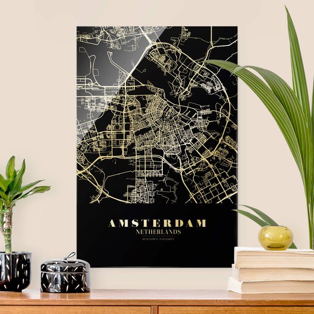 Quadri in vetro con mappamondo Mappa della città di Amsterdam - Nero classico