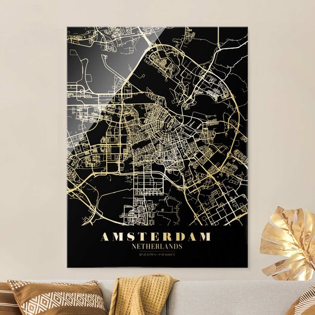 Quadri in vetro con mappamondo Mappa della città di Amsterdam - Nero classico