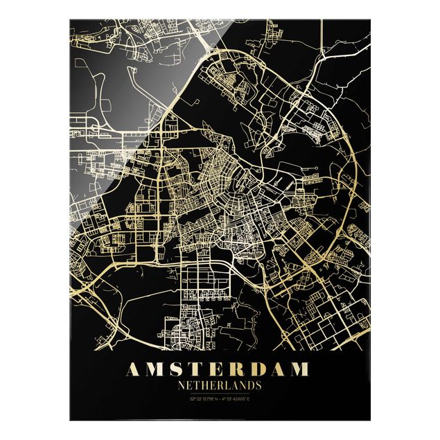 Glas Magnettafel Mappa della città di Amsterdam - Nero classico