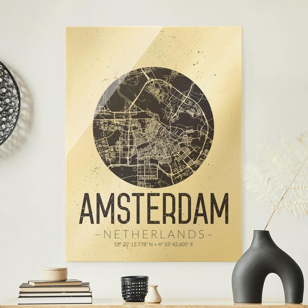 Quadri in vetro in bianco e nero Mappa della città di Amsterdam - Retrò