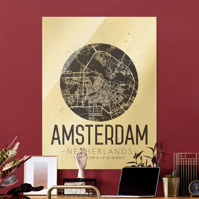 Quadri in vetro con mappamondo Mappa della città di Amsterdam - Retrò