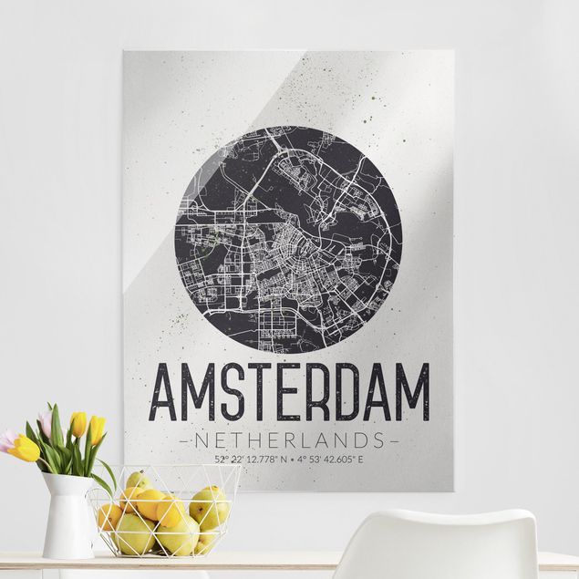 Quadri in vetro in bianco e nero Mappa della città di Amsterdam - Retrò