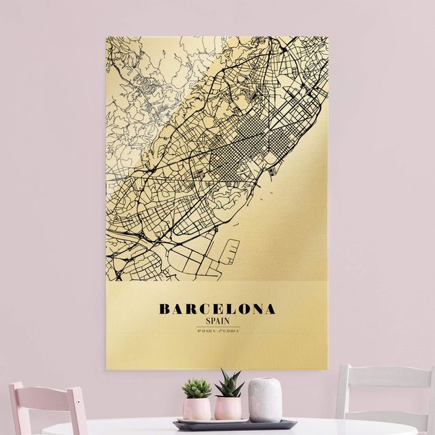 Quadri in vetro in bianco e nero Mappa di Barcellona - Classica