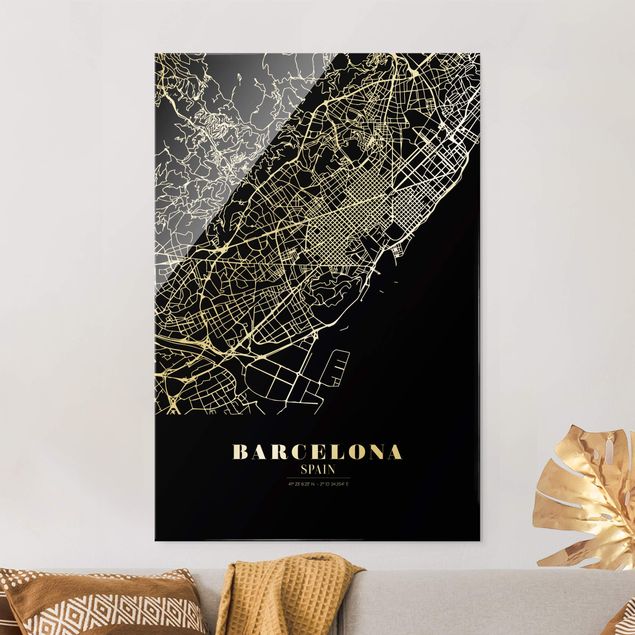 Quadri in vetro con architettura e skylines Mappa della città di Barcellona - Nero classico