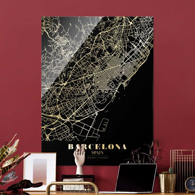 Quadri in vetro in bianco e nero Mappa della città di Barcellona - Nero classico