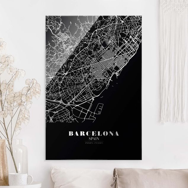 Quadri in vetro con architettura e skylines Mappa della città di Barcellona - Nero classico