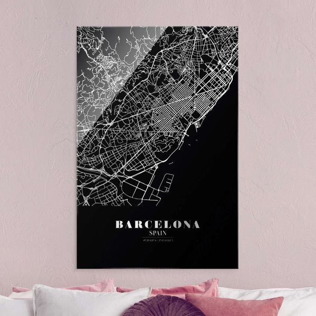 Quadri in vetro in bianco e nero Mappa della città di Barcellona - Nero classico