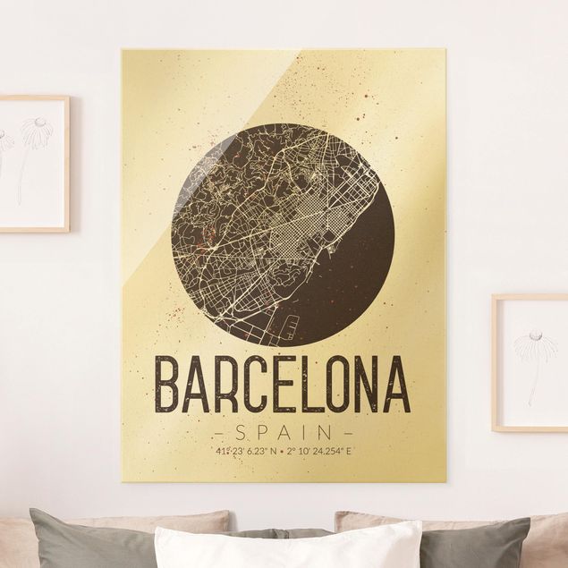 Quadri in vetro in bianco e nero Mappa della città di Barcellona - Retrò
