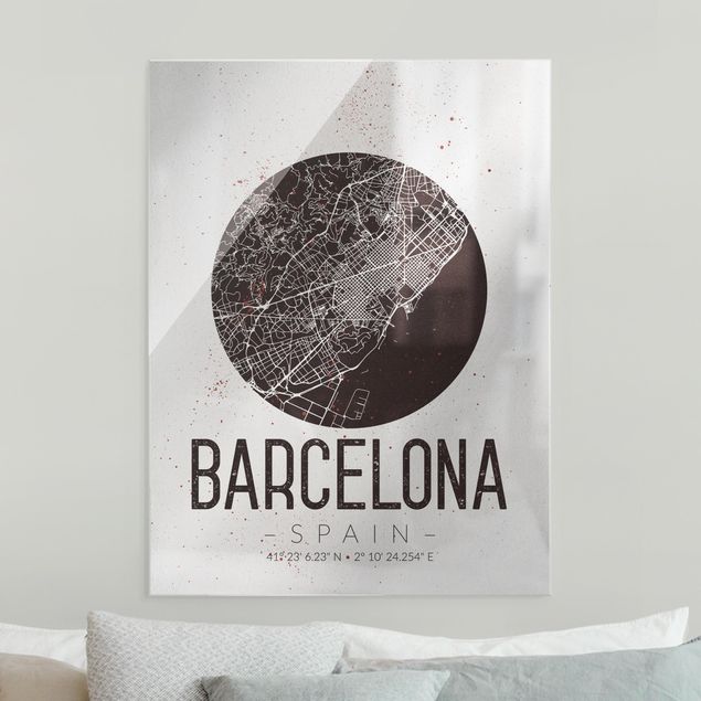Quadri in vetro con mappamondo Mappa della città di Barcellona - Retrò
