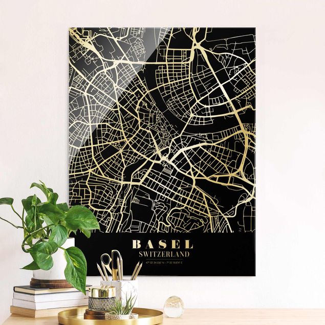 Quadri in vetro in bianco e nero Mappa della città di Basilea - Nero classico