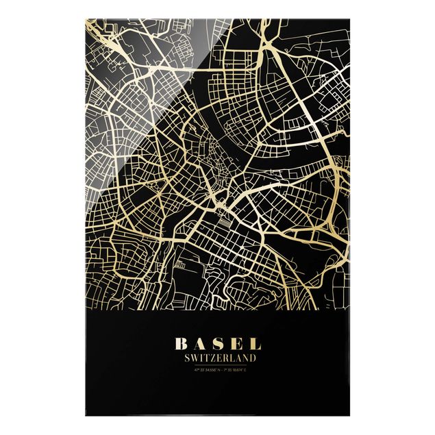 Glas Magnettafel Mappa della città di Basilea - Nero classico