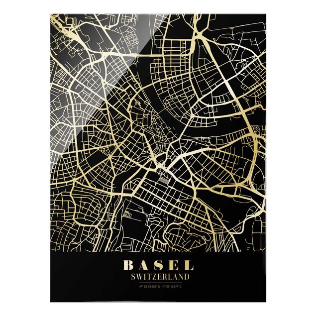 Glas Magnettafel Mappa della città di Basilea - Nero classico