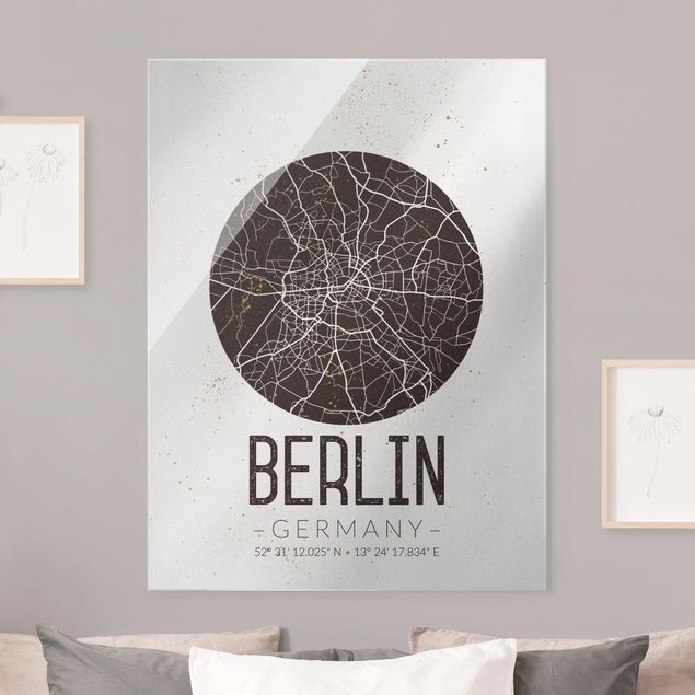 Quadri in vetro in bianco e nero Mappa della città di Berlino - Retrò