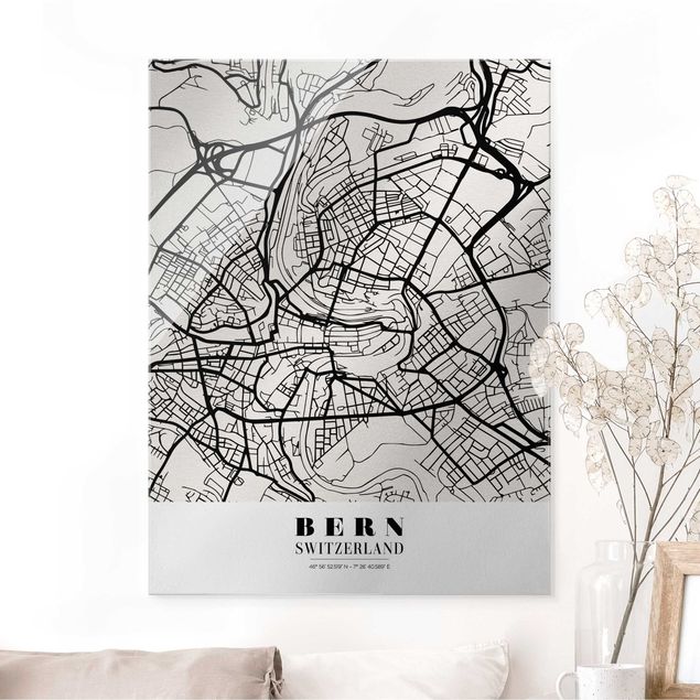 Quadri in vetro in bianco e nero Mappa di Berna - Classica